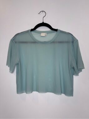 Aritzia Wilfred Free Sheer mesh Boxy Tee in Pale Aqua sz medium cropped
